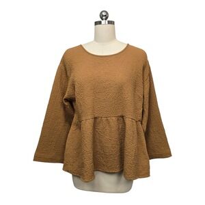 Madewell Crinkle Textured Peplum Top Brown Gauze Long Sleeve Tie Back Size Med